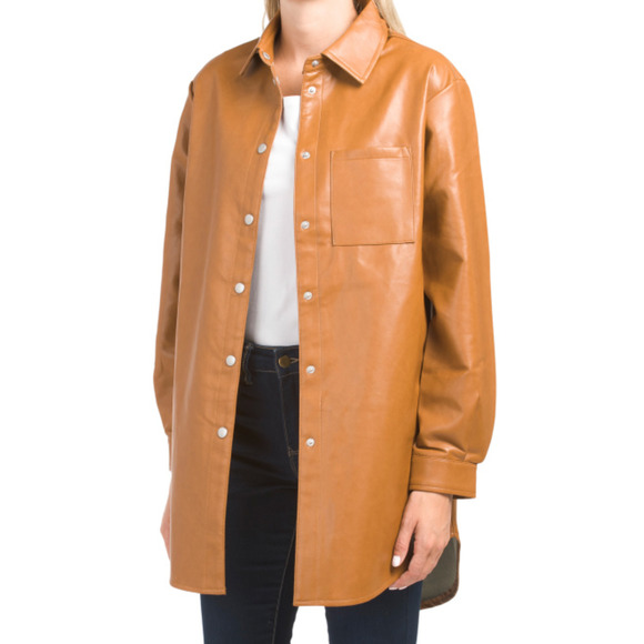 Bagatelle Collection Faux Leather Shacket Women M Medium Camel Snap Button Vegan - Picture 1 of 13